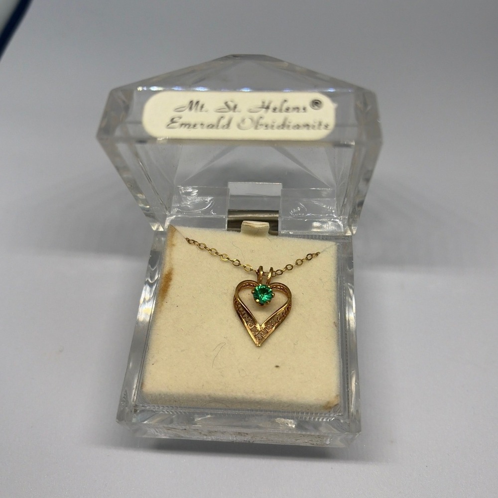Vintage Mt. St. Helens Heart Necklace Emerald Obsidianite Pendant Volcanic Glass